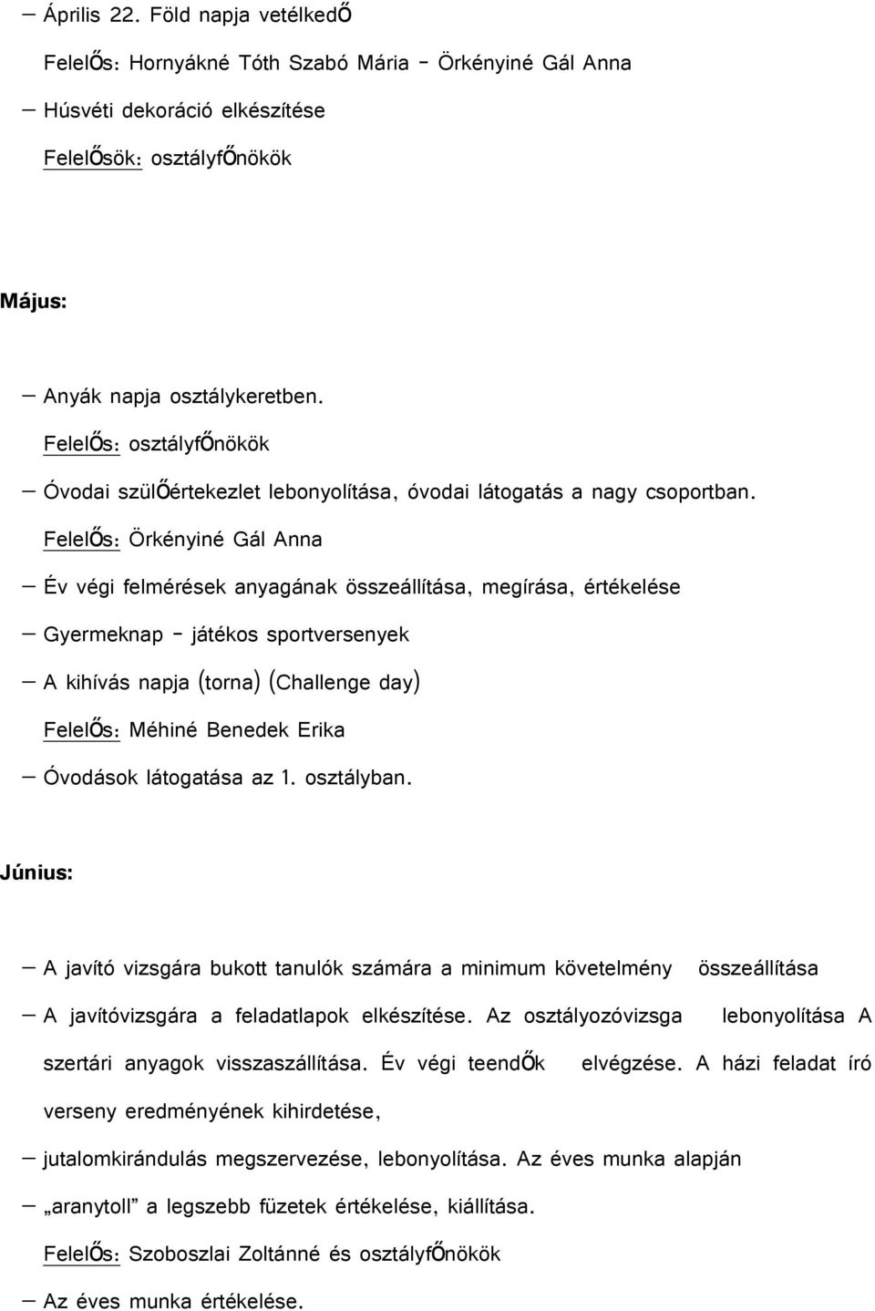 Felelős: Örkényiné Gál Anna Év végi felmérések anyagának összeállítása, megírása, értékelése Gyermeknap játékos sportversenyek A kihívás napja (torna) (Challenge day) Felelős: Méhiné Benedek Erika