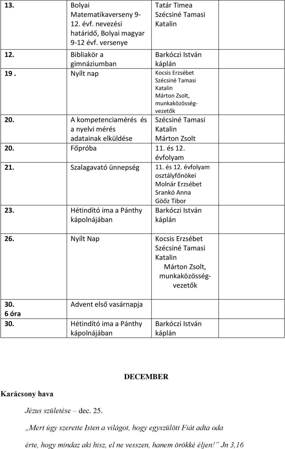 és 12. évfolyam 21. Szalagavató ünnepség 11. és 12. évfolyam osztályfőnökei Molnár Erzsébet Srankó Anna Göőz Tibor 23. Hétindító ima a Pánthy kápolnájában 26.