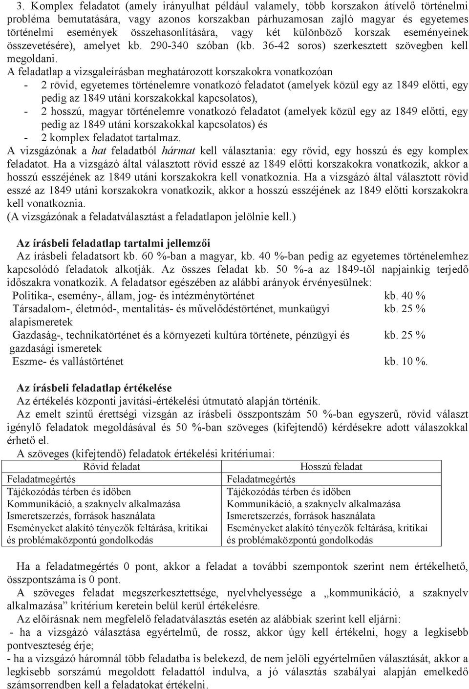 A feladatlap a vizsgaleírásban meghatározott korszakokra vonatkozóan - 2 rövid, egyetemes történelemre vonatkozó feladatot (amelyek közül egy az 1849 előtti, egy pedig az 1849 utáni korszakokkal