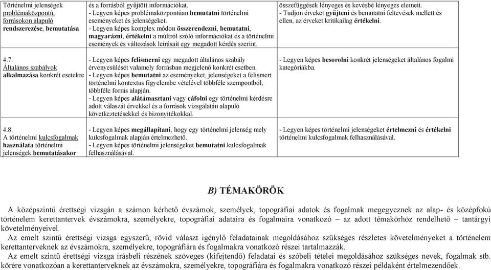 - Legyen képes komplex módon összerendezni, bemutatni, magyarázni, értékelni a múltról szóló információkat és a történelmi események és változások leírásait egy megadott kérdés szerint.