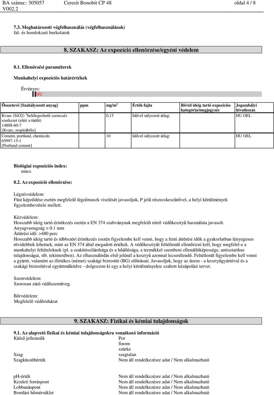 (SiO2) "belélegezhető szemcsés 0,15 Idővel súlyozott átlag: HU OEL szerkezet (eléri a tüdőt) 14808-60-7 [Kvarc, respirábilis] Cement, portland, chemicals 65997-15-1 [Portland cement] 10 Idővel