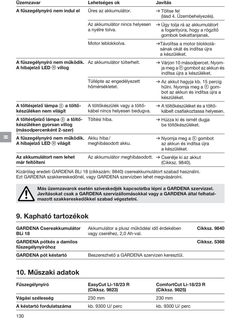 A hibajelző LED ß W világít Az akkumulátort nem lehet már feltölteni Az akkumulátor nincs helyesen a nyélre tolva. Motor leblokkolva. Az akkumulátor túlterhelt.