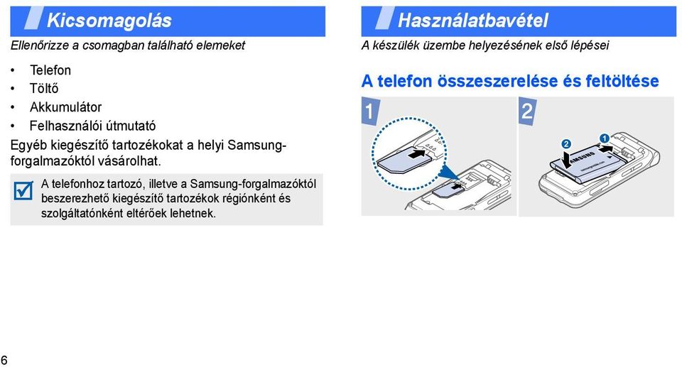 A telefonhoz tartozó, illetve a Samsung-forgalmazóktól beszerezhető kiegészítő tartozékok régiónként és