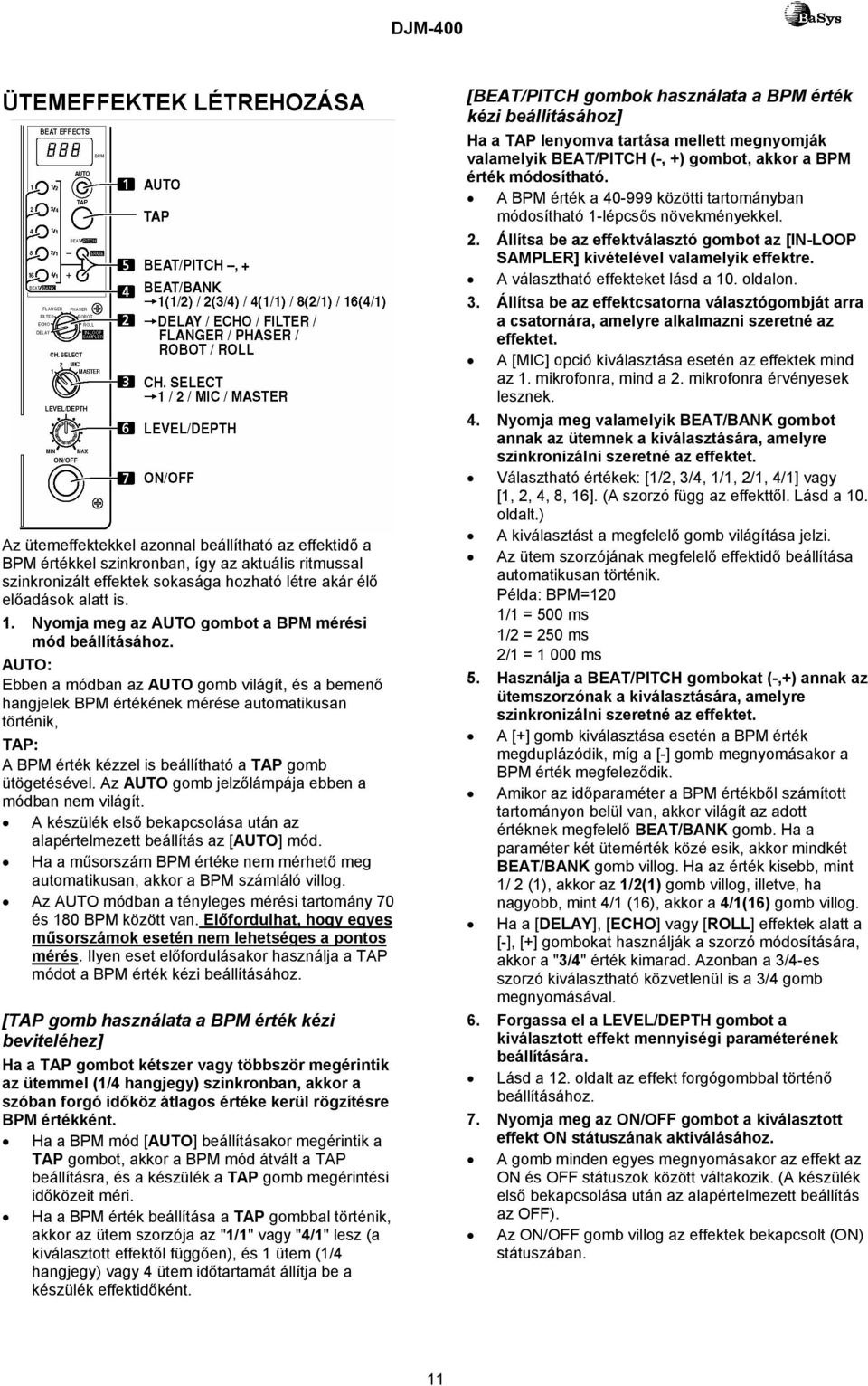 AUTO: Ebben a módban az AUTO gomb világít, és a bemenő hangjelek BPM értékének mérése automatikusan történik, TAP: A BPM érték kézzel is beállítható a TAP gomb ütögetésével.