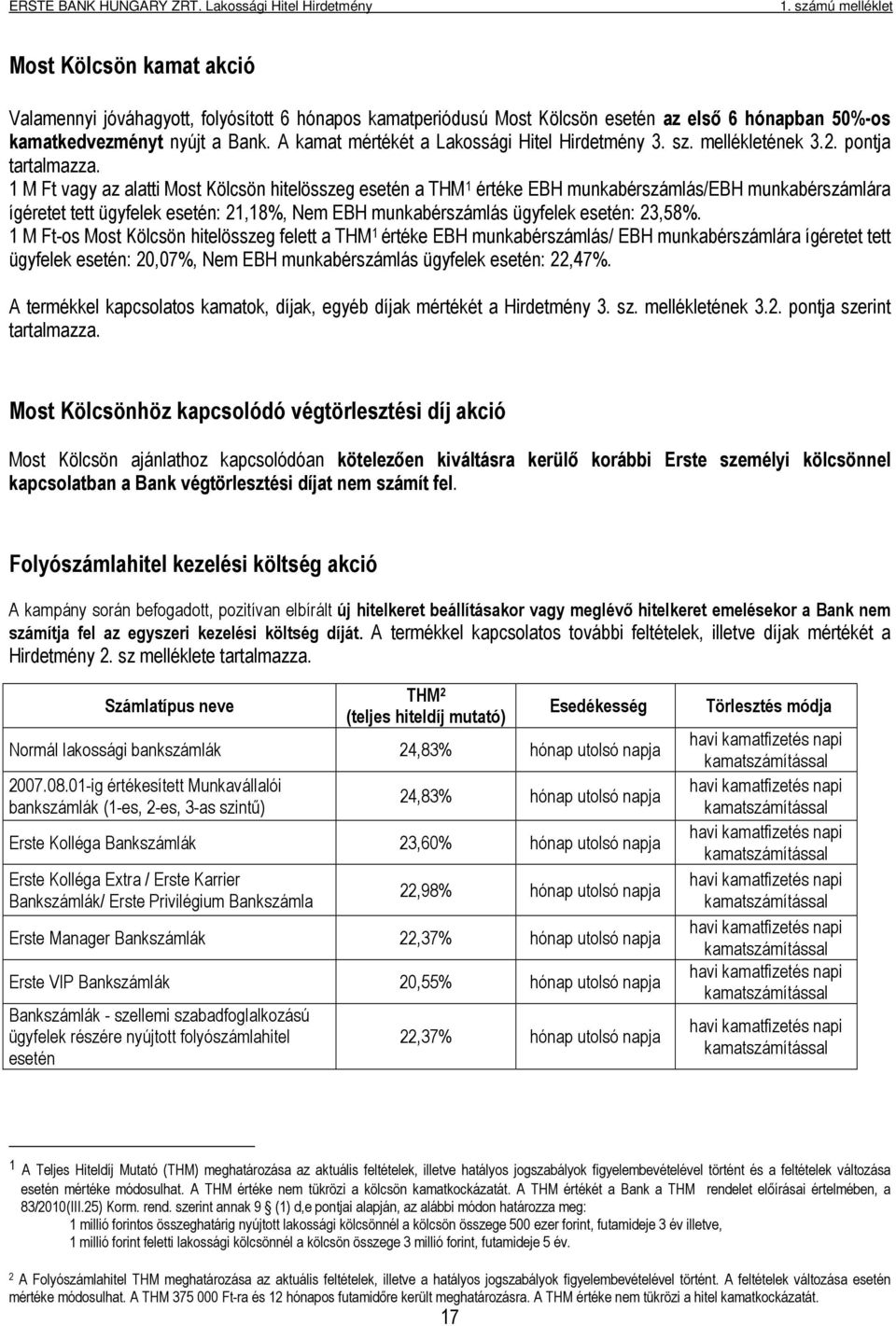 1 M Ft vagy az alatti Most Kölcsön hitelösszeg esetén a THM 1 értéke EBH munkabérszámlás/ebh munkabérszámlára ígéretet tett ügyfelek esetén: 21,18%, Nem EBH munkabérszámlás ügyfelek esetén: 23,58%.