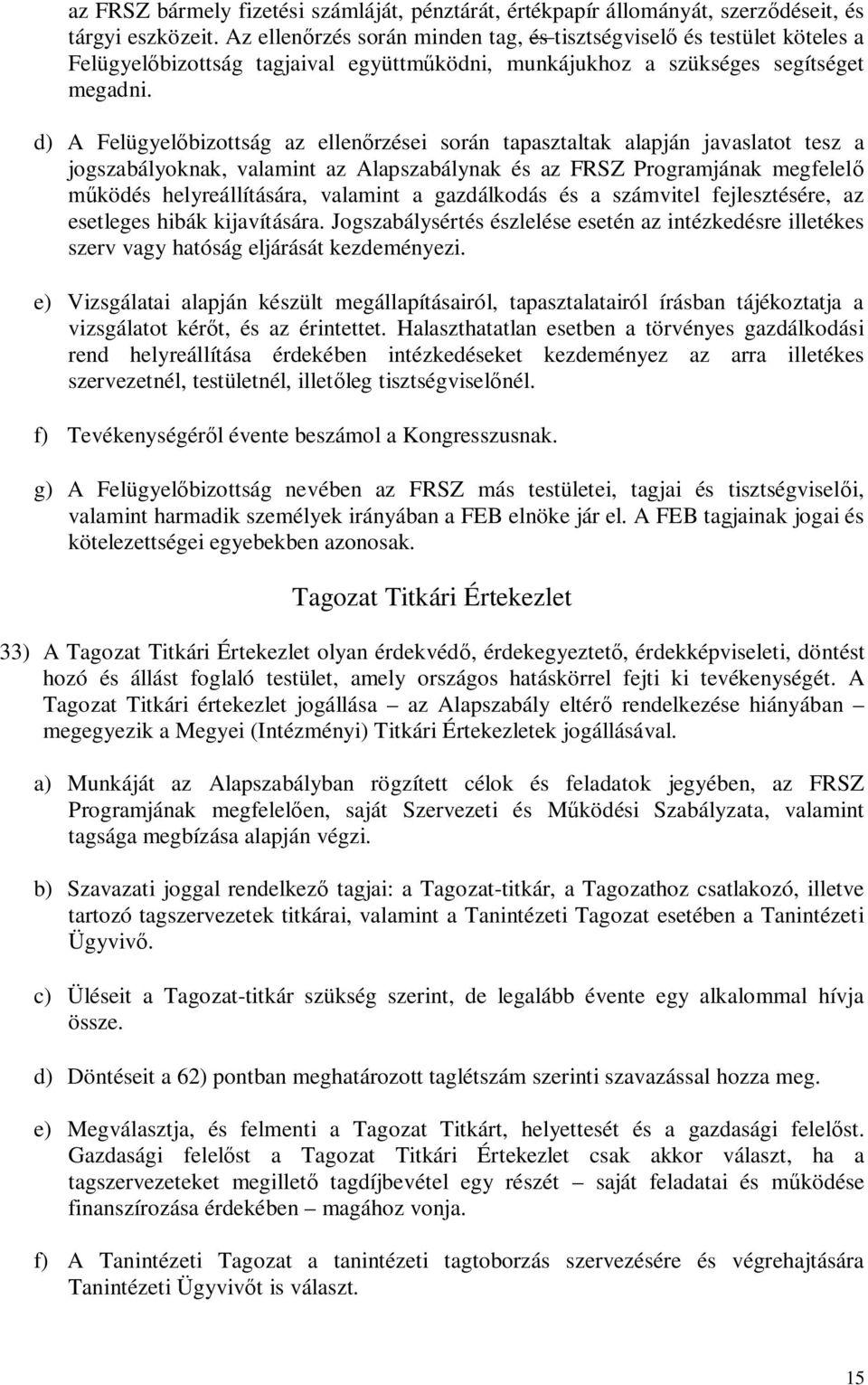 d) A Felügyelőbizottság az ellenőrzései során tapasztaltak alapján javaslatot tesz a jogszabályoknak, valamint az Alapszabálynak és az FRSZ Programjának megfelelő működés helyreállítására, valamint a