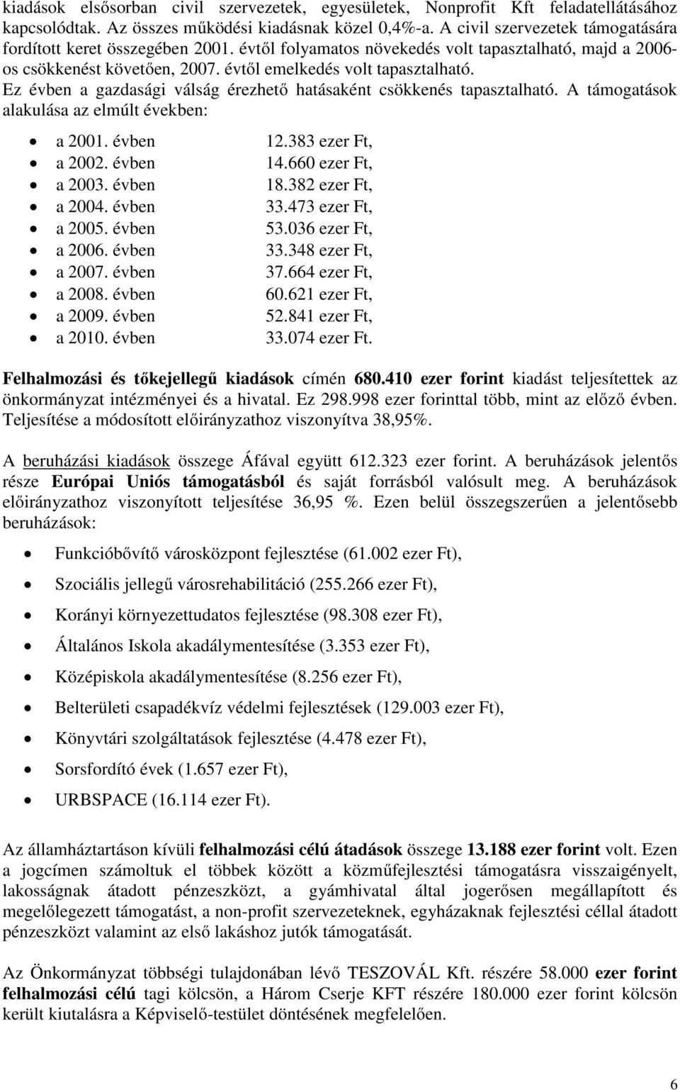 Ez évben a gazdasági válság érezhető hatásaként csökkenés tapasztalható. A támogatások alakulása az elmúlt években: a 2001. évben 12.383 ezer Ft, a 2002. évben 14.660 ezer Ft, a 2003. évben 18.