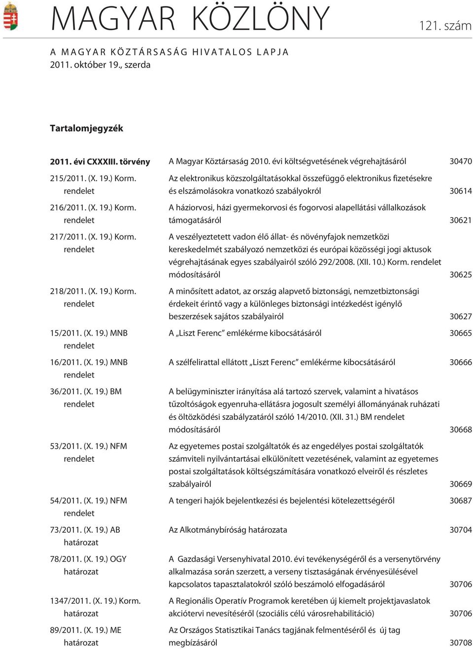 (X. 19.) MNB rendelet 36/2011. (X. 19.) BM rendelet 53/2011. (X. 19.) NFM rendelet 54/2011. (X. 19.) NFM rendelet 73/2011. (X. 19.) AB határozat 78/2011. (X. 19.) OGY határozat 1347/2011. (X. 19.) Korm.