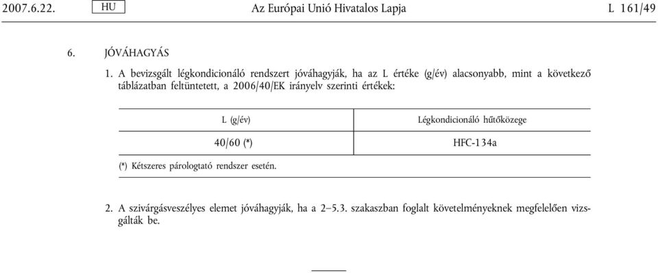 táblázatban feltüntetett, a 2006/40/EK irányelv szerinti értékek: L (g/év) Légkondicionáló hűtőközege (*)