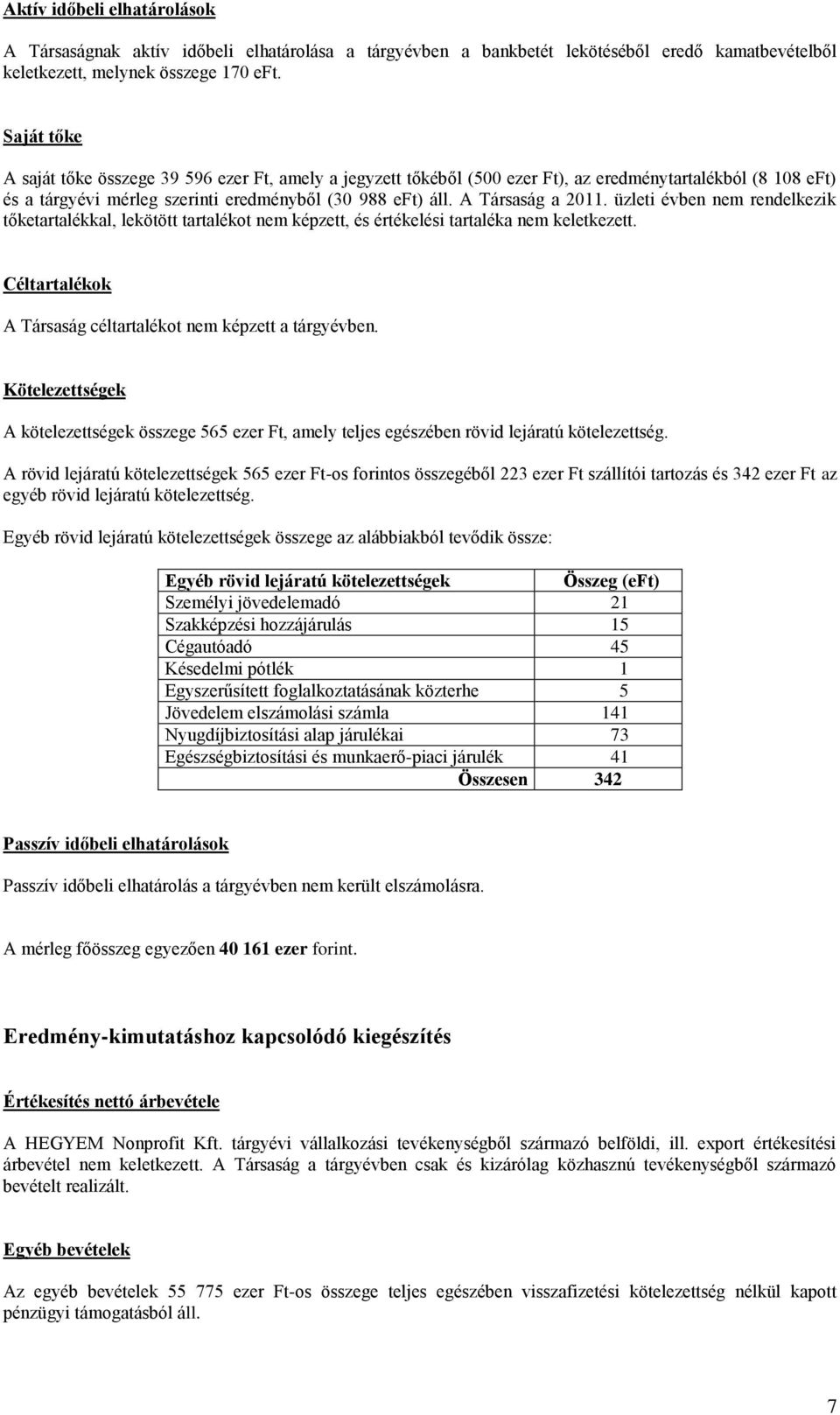 A Társaság a 2011. üzleti évben nem rendelkezik tőketartalékkal, lekötött tartalékot nem képzett, és értékelési tartaléka nem keletkezett.