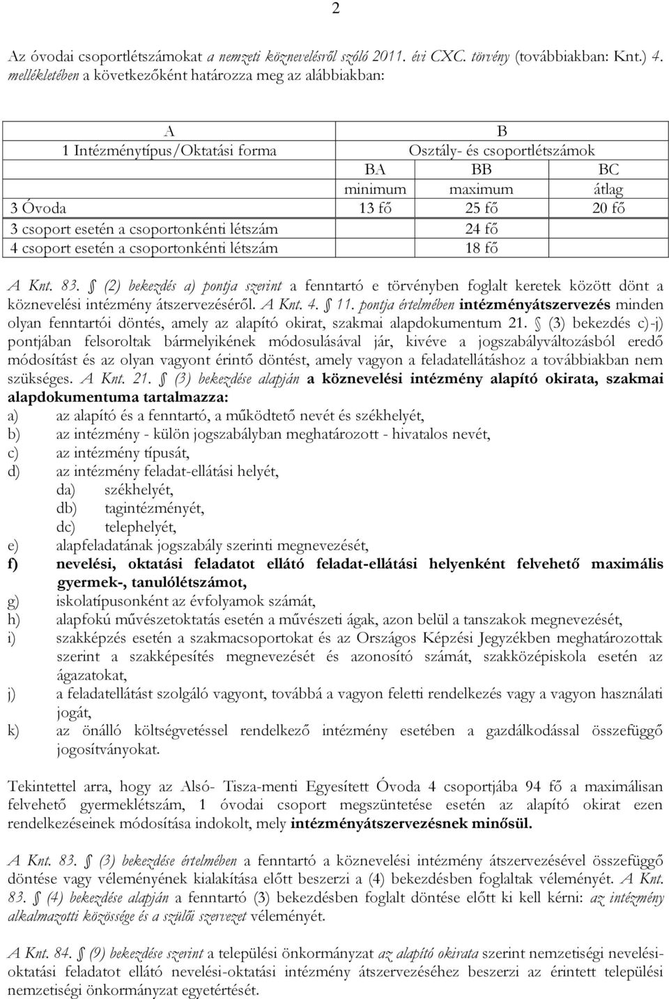 a csoportonkénti létszám 24 fő 4 csoport esetén a csoportonkénti létszám 18 fő A Knt. 83.