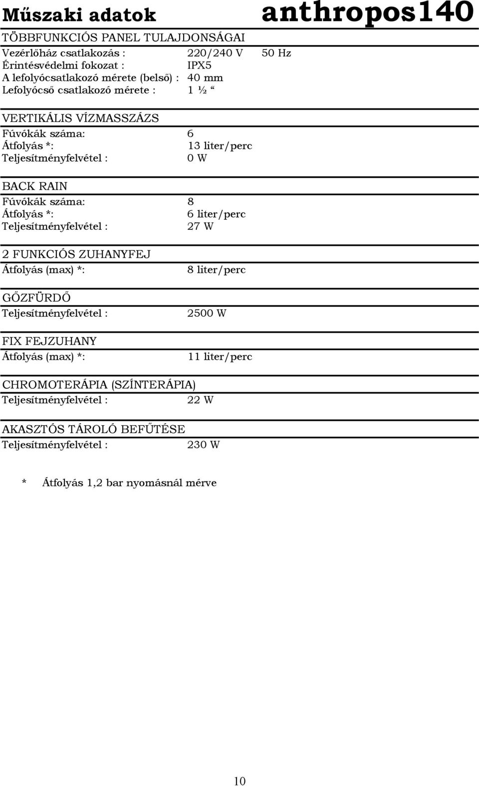 liter/perc 0 W BACK RAIN Fúvókák száma: 8 Átfolyás *: 6 liter/perc 27 W anthropos140 2 FUNKCIÓS ZUHANYFEJ Átfolyás (max) *: GŐZFÜRDŐ FIX