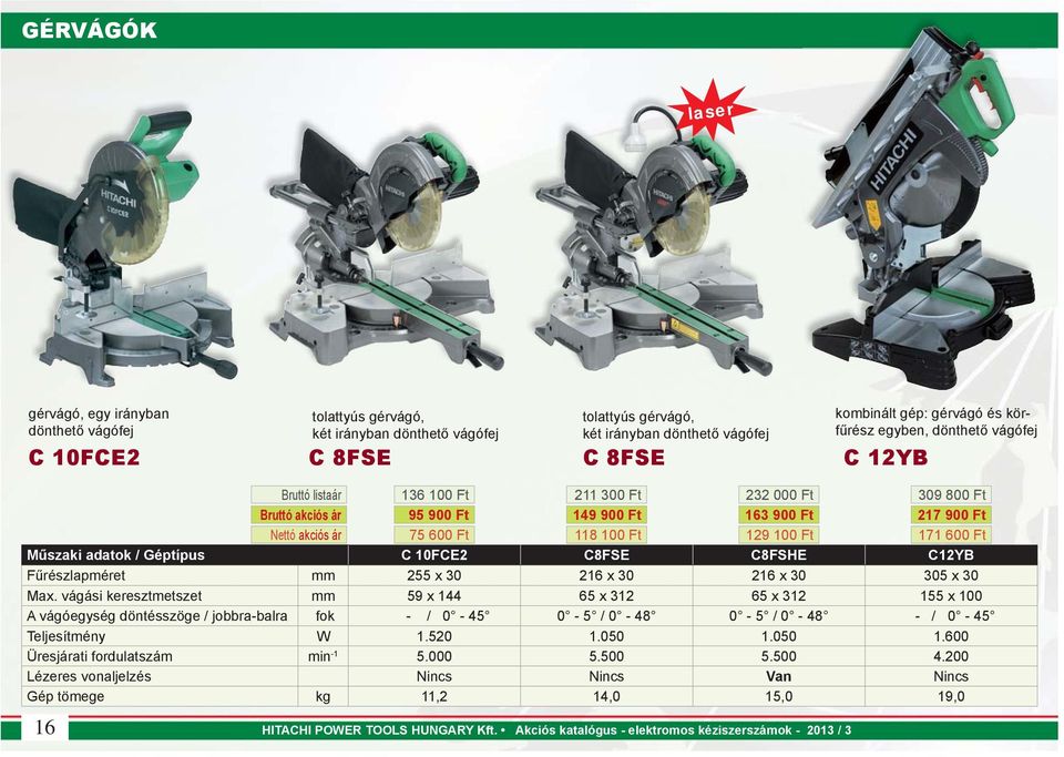 Ft 129 100 Ft 171 600 Ft Műszaki adatok / Géptípus C 10FCE2 C8FSE C8FSHE C12YB Fűrészlapméret mm 255 x 30 216 x 30 216 x 30 305 x 30 Max.