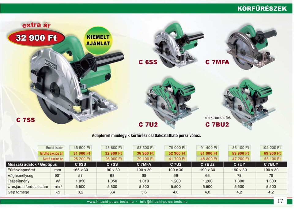 Nettó akciós ár 25 200 Ft 26 000 Ft 29 100 Ft 41 700 Ft 48 800 Ft 47 200 Ft 55 100 Ft Műszaki adatok / Géptípus C 6SS C 7SS C 7MFA C 7U2 C 7BU2 C 7UY C 7BUY Fűrészlapméret mm 165 x 30 190 x 30 190 x