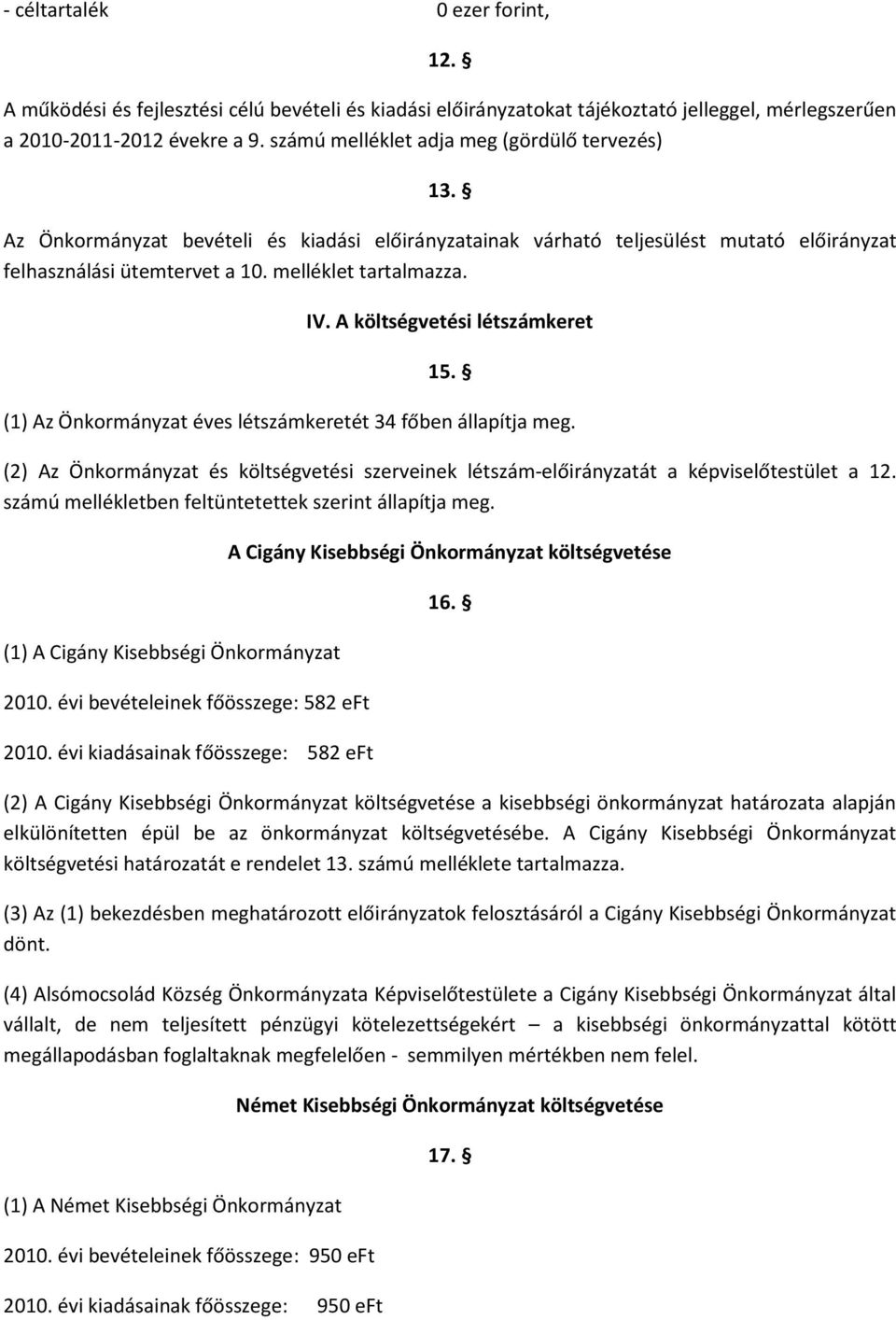 A költségvetési létszámkeret 15. (1) Az Önkormányzat éves létszámkeretét 34 főben állapítja meg. (2) Az Önkormányzat és költségvetési szerveinek létszám-előirányzatát a képviselőtestület a 12.