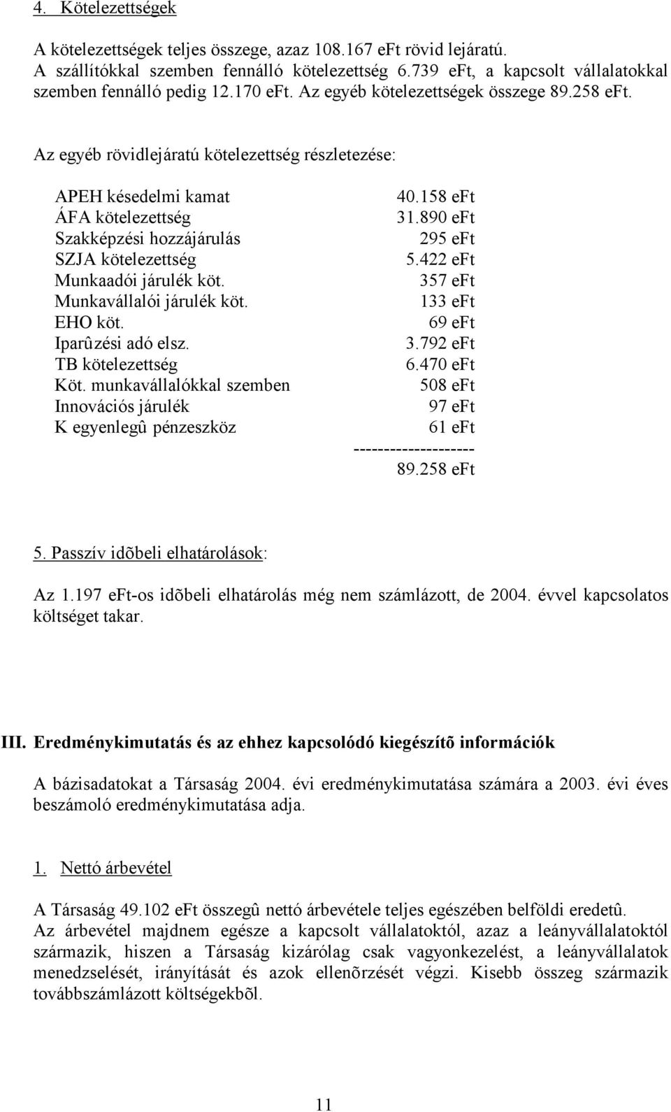 Munkavállalói járulék köt. EHO köt. Iparûzési adó elsz. TB kötelezettség Köt. munkavállalókkal szemben Innovációs járulék K egyenlegû pénzeszköz 40.158 31.890 295 5.422 357 133 69 3.792 6.