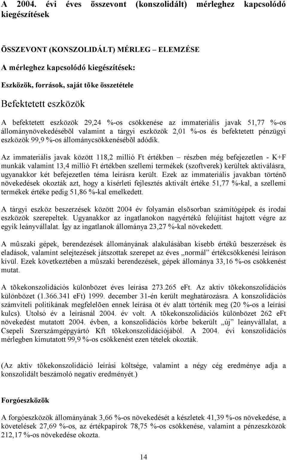 Befektetett eszközök A befektetett eszközök 29,24 %-os csökkenése az immateriális javak 51,77 %-os állománynövekedésébõl valamint a tárgyi eszközök 2,01 %-os és befektetett pénzügyi eszközök 99,9