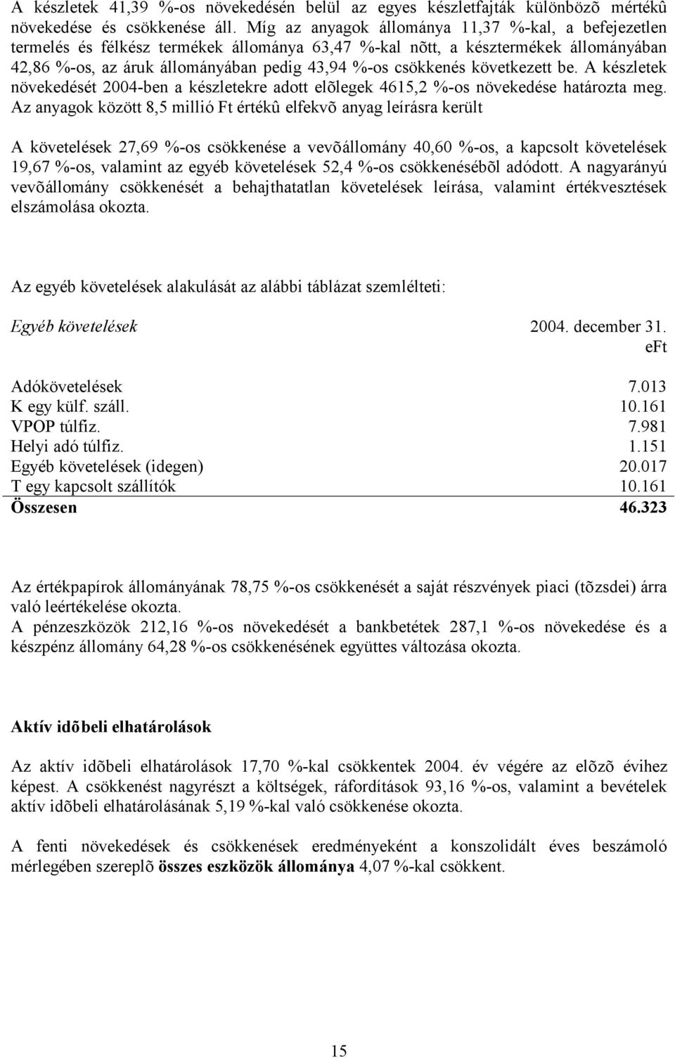 következett be. A készletek növekedését 2004-ben a készletekre adott elõlegek 4615,2 %-os növekedése határozta meg.