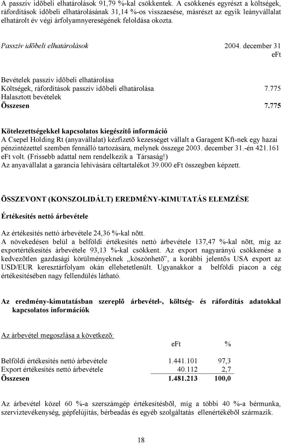 Passzív idõbeli elhatárolások 2004. december 31 Bevételek passzív idõbeli elhatárolása Költségek, ráfordítások passzív idõbeli elhatárolása 7.775 Halasztott bevételek Összesen 7.