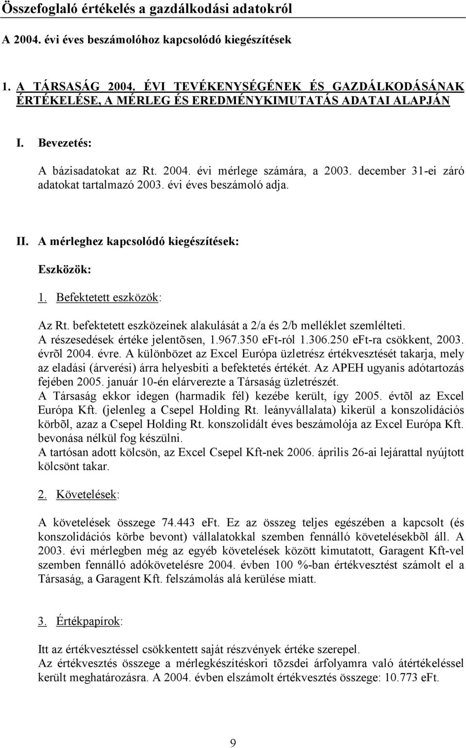 december 31-ei záró adatokat tartalmazó 2003. évi éves beszámoló adja. II. A mérleghez kapcsolódó kiegészítések: Eszközök: 1. Befektetett eszközök: Az Rt.