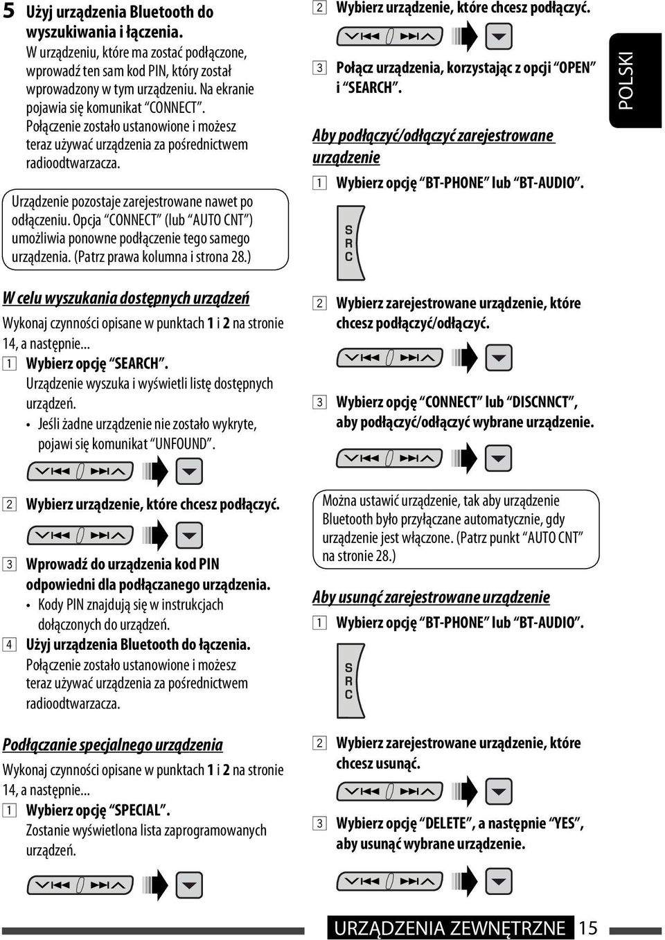 Opcja CONNECT (lub AUTO CNT ) umożliwia ponowne podłączenie tego samego urządzenia. (Patrz prawa kolumna i strona 28.) 2 Wybierz urządzenie, które chcesz podłączyć.