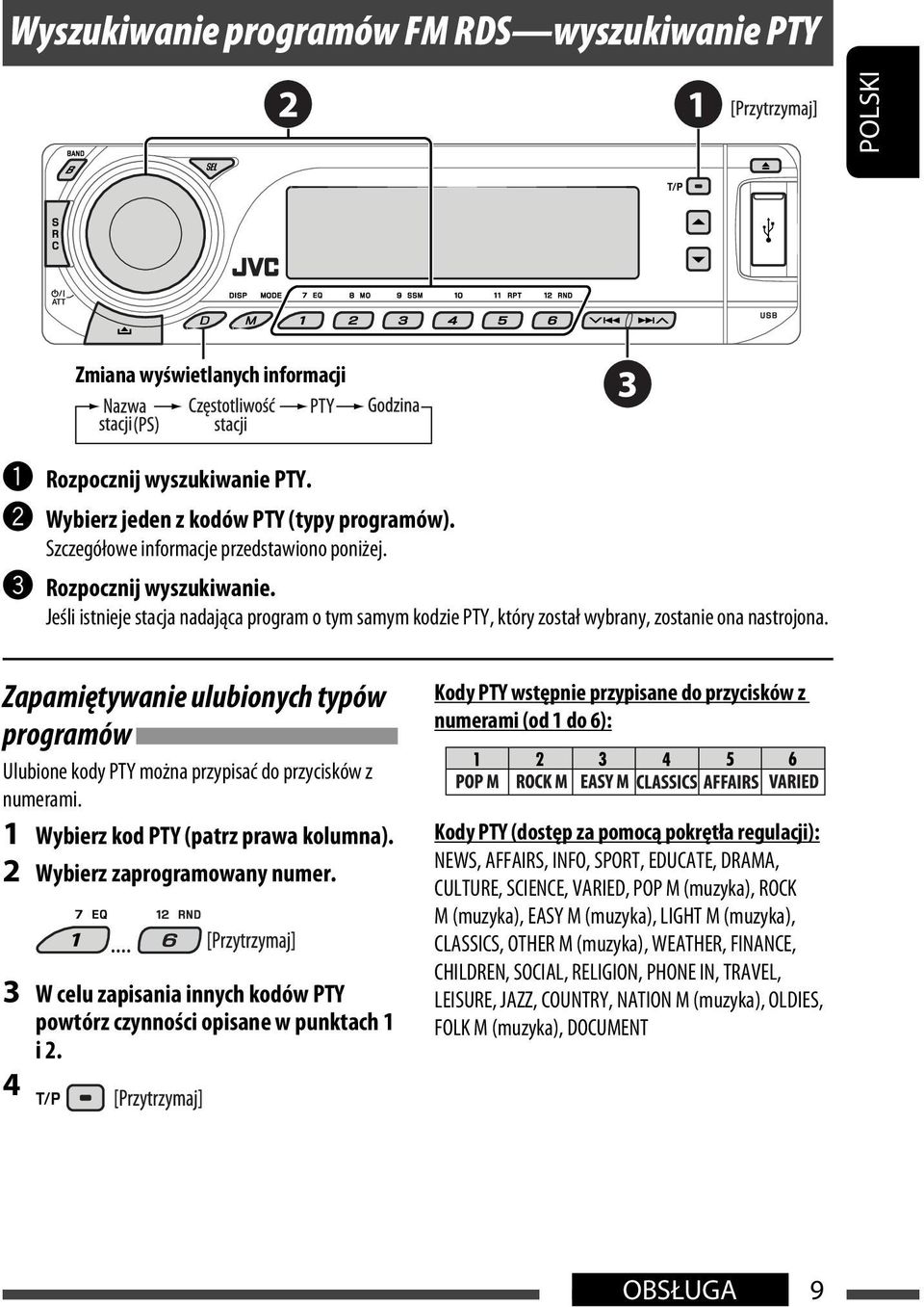 Zapamiętywanie ulubionych typów programów Ulubione kody PTY można przypisać do przycisków z numerami. 1 Wybierz kod PTY (patrz prawa kolumna). 2 Wybierz zaprogramowany numer.