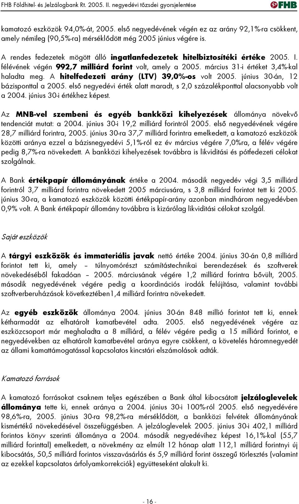 A hitelfedezeti arány (LTV) 39,0%-os volt 2005. június 30-án, 12 bázisponttal a 2005. első negyedévi érték alatt maradt, s 2,0 százalékponttal alacsonyabb volt a 2004. június 30-i értékhez képest.