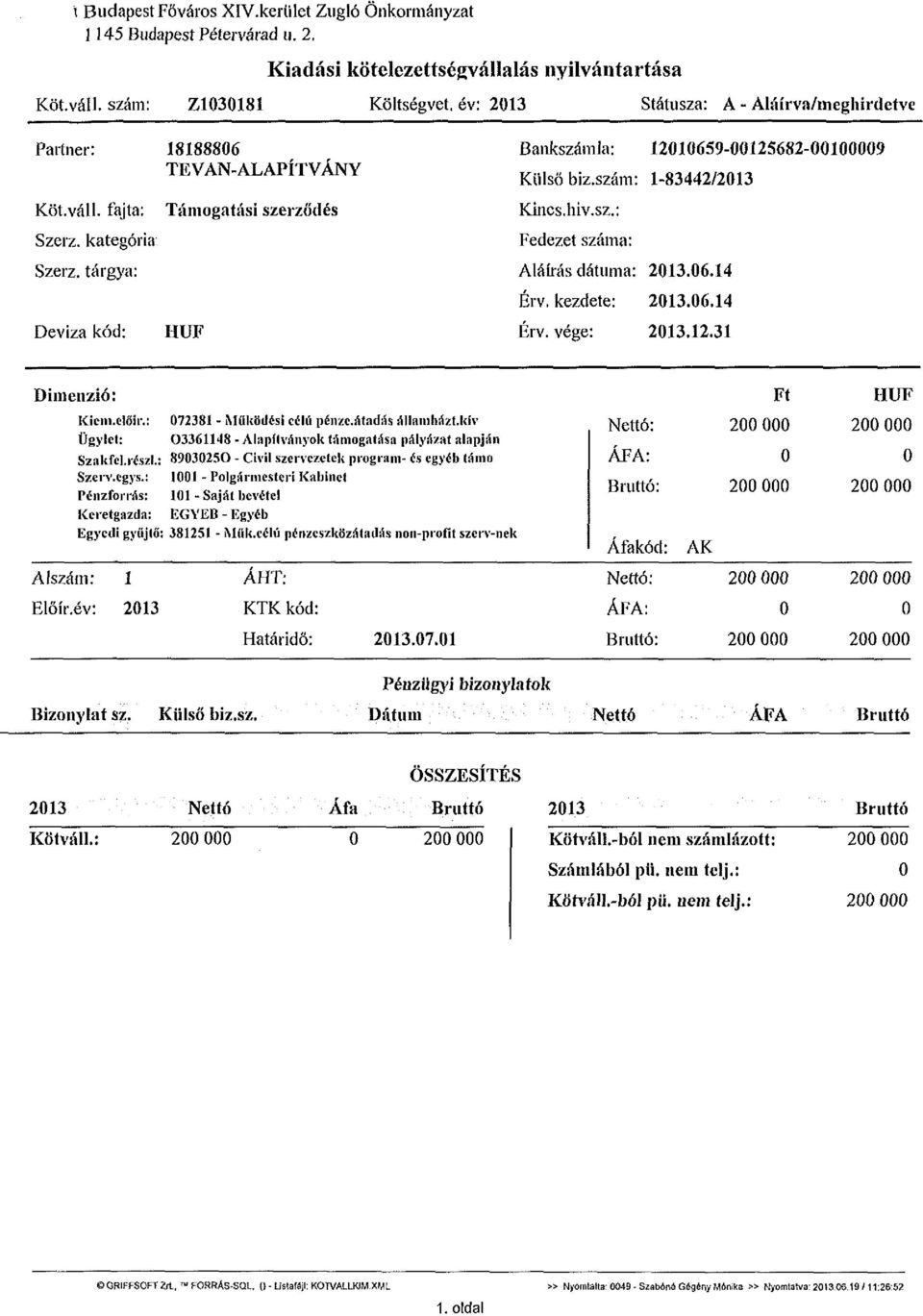 tárgya: Deviza kód: Támogatási szerződés HUF Bankszámla: 12010659-00125682-00100009 Külső biz.szám: 1-83442/2013 Kincs, hiv.sz.: Fedezet száma: Aláírás dátuma: 2013.06.14 Érv. kezdete: 2013.06.14 Érv. vége: 2013.