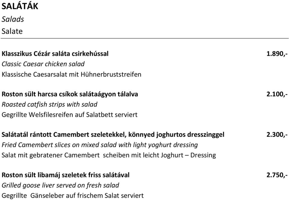 100,- Roasted catfish strips with salad Gegrillte Welsfilesreifen auf Salatbett serviert Salátatál rántott Camembert szeletekkel, könnyed joghurtos
