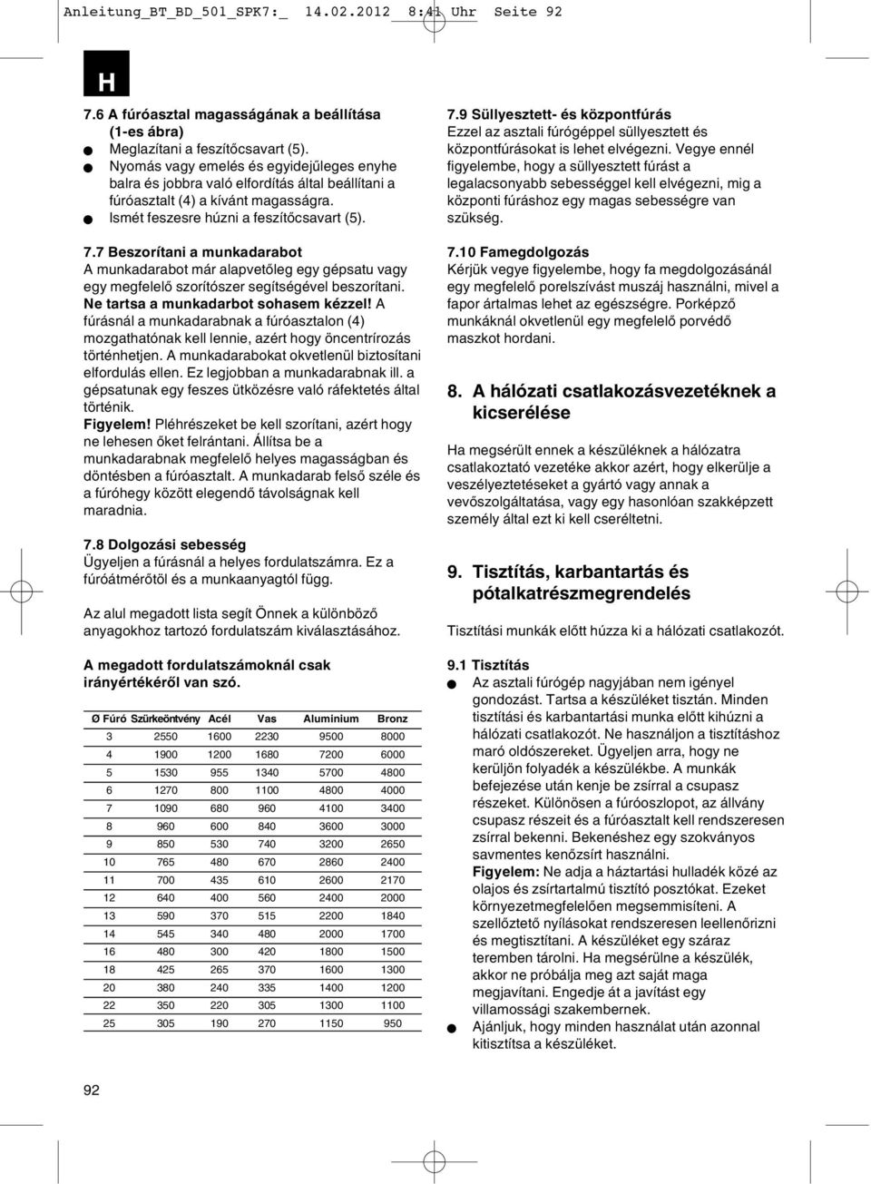 7 Beszorítani a munkadarabot A munkadarabot már alapvetőleg egy gépsatu vagy egy megfelelő szorítószer segítségével beszorítani. Ne tartsa a munkadarbot sohasem kézzel!