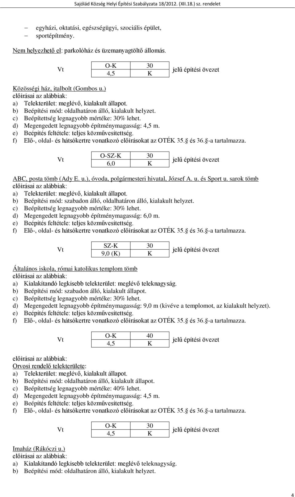 f) Elő-, oldal- és hátsókertre vonatkozó előírásokat az OTÉK 35. és 36. -a tartalmazza. Vt O-SZ-K 30 6,0 K ABC, posta tömb (Ady E. u.), óvoda, polgármesteri hivatal, József A. u. és Sport u.