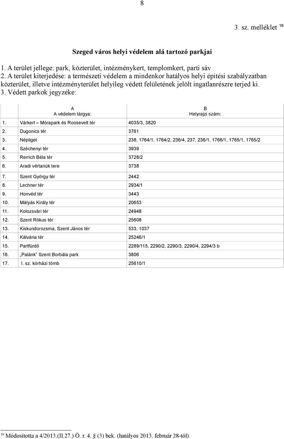 Védett parkok jegyzéke: A A védelem tárgya: 1. Várkert Mórapark és Roosevelt tér 4035/3, 3820 2. Dugonics tér 3761 B Helyrajzi szám: 3.