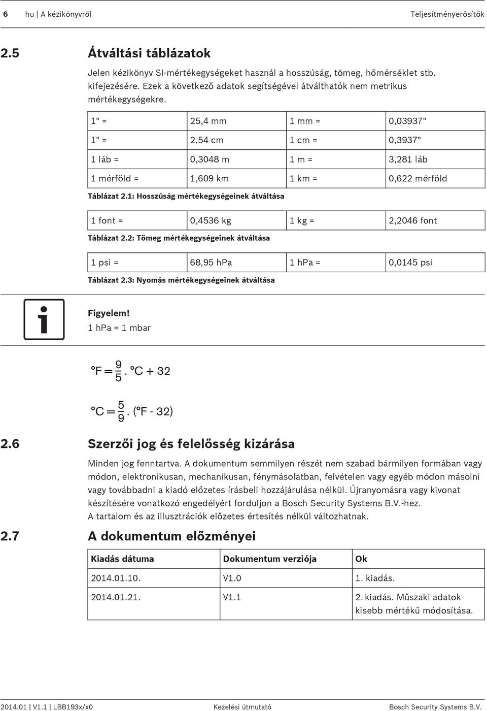 1" = 25,4 mm 1 mm =,3937" 1" = 2,54 cm 1 cm =,3937" 1 láb =,348 m 1 m = 3,281 láb 1 mérföld = 1,69 km 1 km =,622 mérföld Táblázat 2.