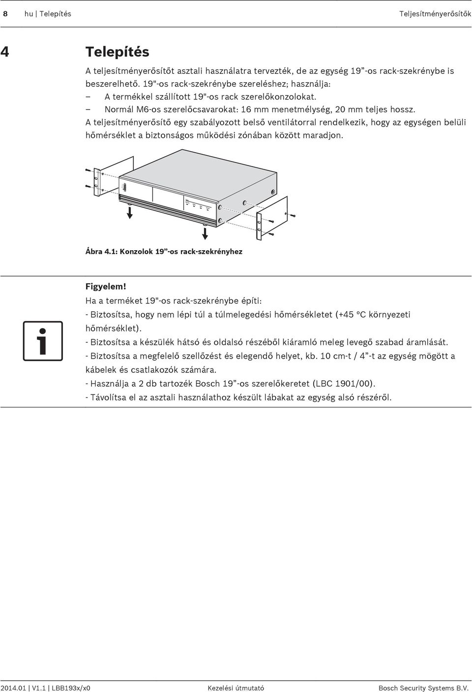 A teljesítményerősítő egy szabályozott belső ventilátorral rendelkezik, hogy az egységen belüli hőmérséklet a biztonságos működési zónában között maradjon. Ábra 4.