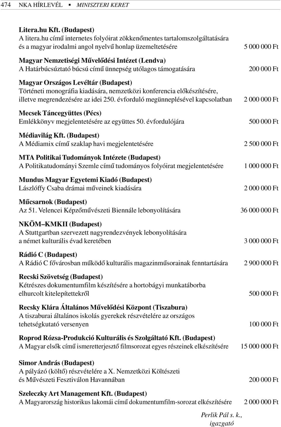 ünnepség utólagos támogatására Magyar Országos Levéltár (Budapest) Történeti monográfia kiadására, nemzetközi konferencia elõkészítésére, illetve megrendezésére az idei 250.
