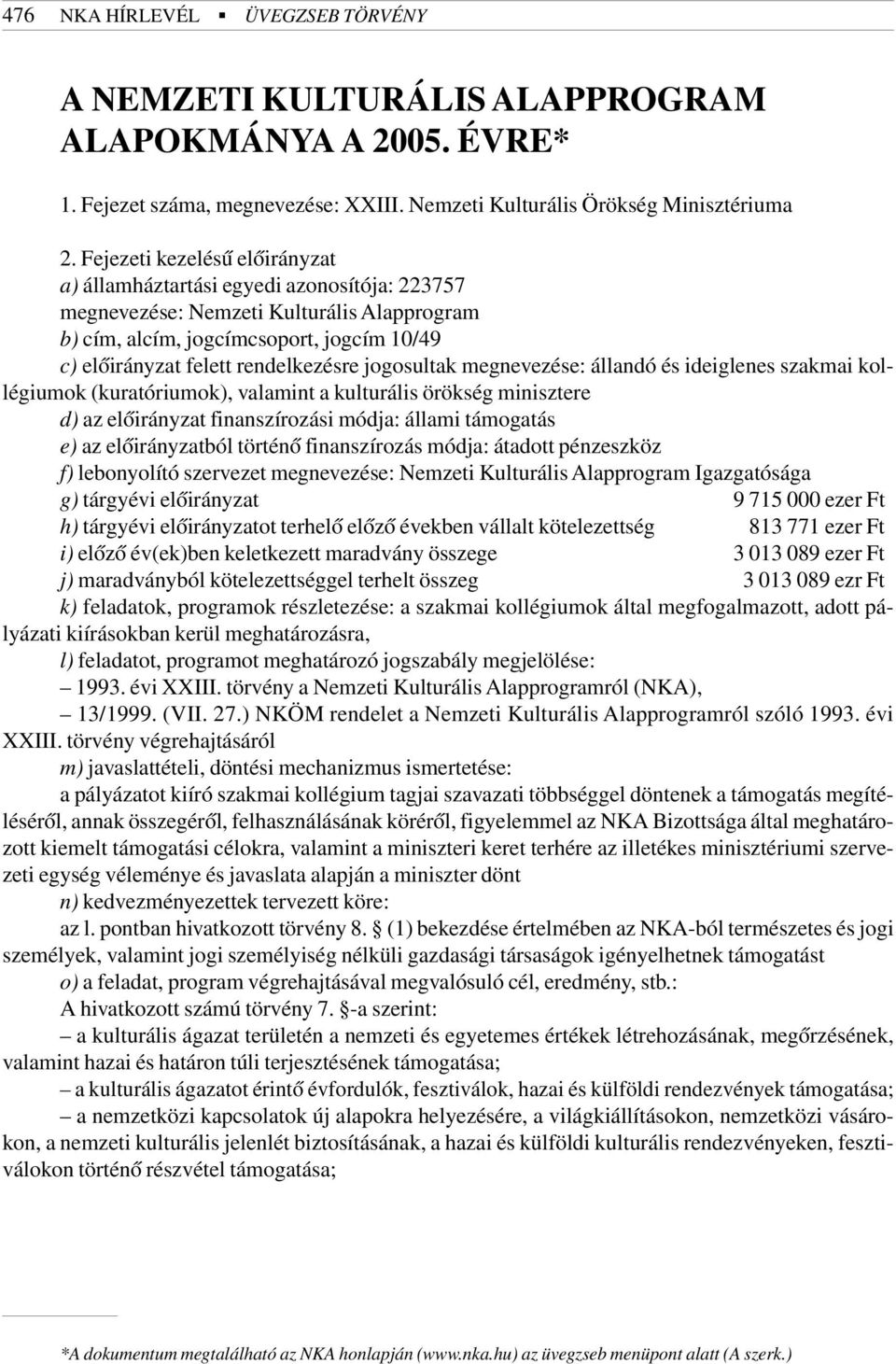 jogosultak megnevezése: állandó és ideiglenes szakmai kollégiumok (kuratóriumok), valamint a kulturális örökség minisztere d) az elõirányzat finanszírozási módja: állami támogatás e) az