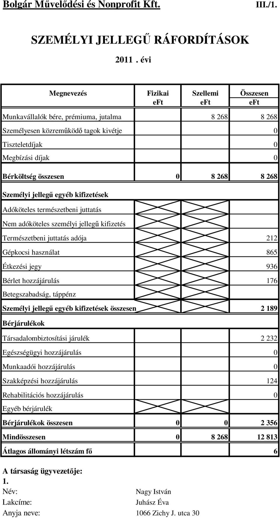 díjak 0 Bérköltség összesen 0 8 268 8 268 Személyi jellegű egyéb kifizetések Adóköteles természetbeni juttatás Nem adóköteles személyi jellegű kifizetés Természetbeni juttatás adója 212 Gépkocsi