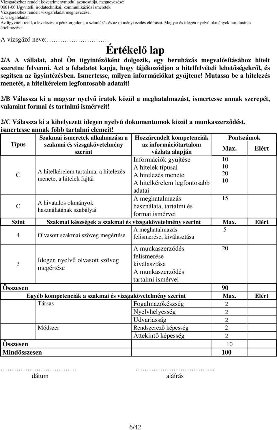 Mutassa be a hitelezés menetét, a hitelkérelem legfontosabb adatait! 2/B Válassza ki a magyar nyelvő iratok közül a meghatalmazást, ismertesse annak szerepét, valamint formai és tartalmi ismérveit!