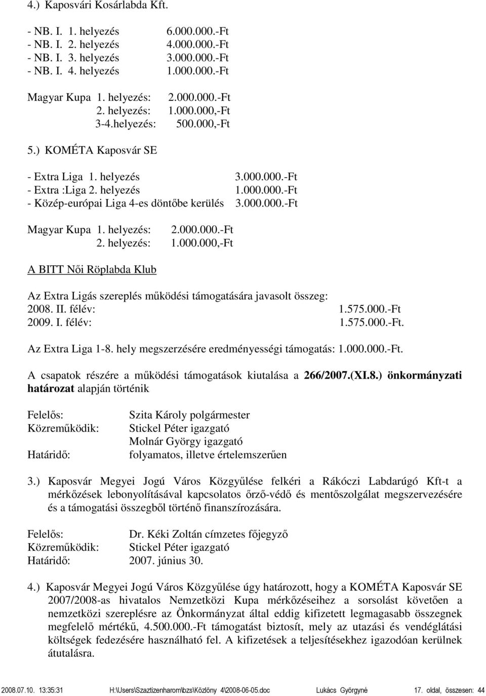 000.000.-Ft Magyar Kupa 1. helyezés: 2.000.000.-Ft 2. helyezés: 1.000.000,-Ft A BITT Női Röplabda Klub Az Extra Ligás szereplés működési támogatására javasolt összeg: 2008. II. félév: 1.575.000.-Ft 2009.