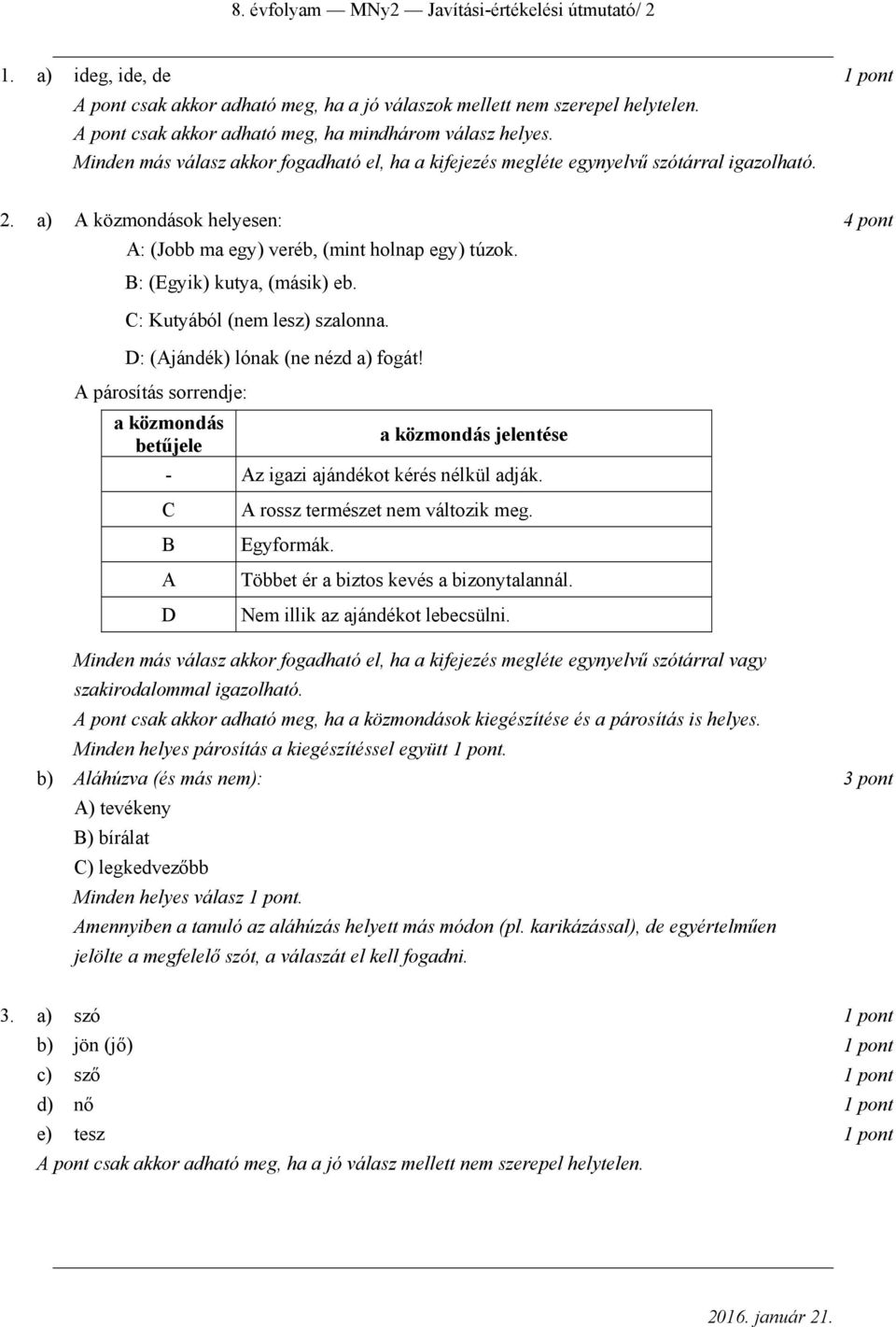 a) A közmondások helyesen: A: (Jobb ma egy) veréb, (mint holnap egy) túzok. B: (Egyik) kutya, (másik) eb. 4 pont C: Kutyából (nem lesz) szalonna. D: (Ajándék) lónak (ne nézd a) fogát!