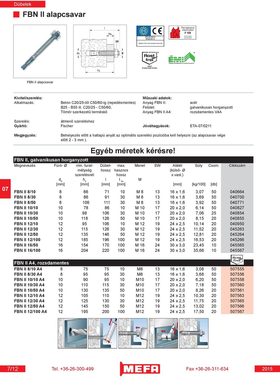 anyát az optimális szerelési pozícióba kell helyezni (az alapcsavar vége előtt 2-3 mm ). Egyéb méretek kérésre! FBN II, galvanikusan horganyzott Megnevezés Fúró- Ø min. furat- Dübel- max.