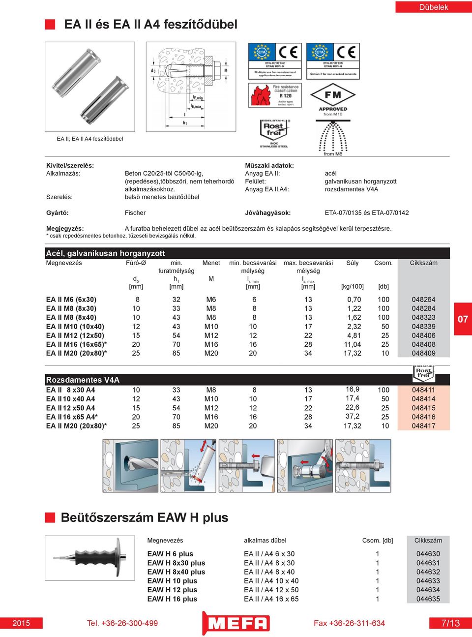 Anyag EA II A4: rozsdamentes V4A Szerelés: belső menetes beütődübel Fischer Jóváhagyások: ETA-/0135 és ETA-/0142 A furatba behelezett dübel az acél beütőszerszám és kalapács segítségével kerül