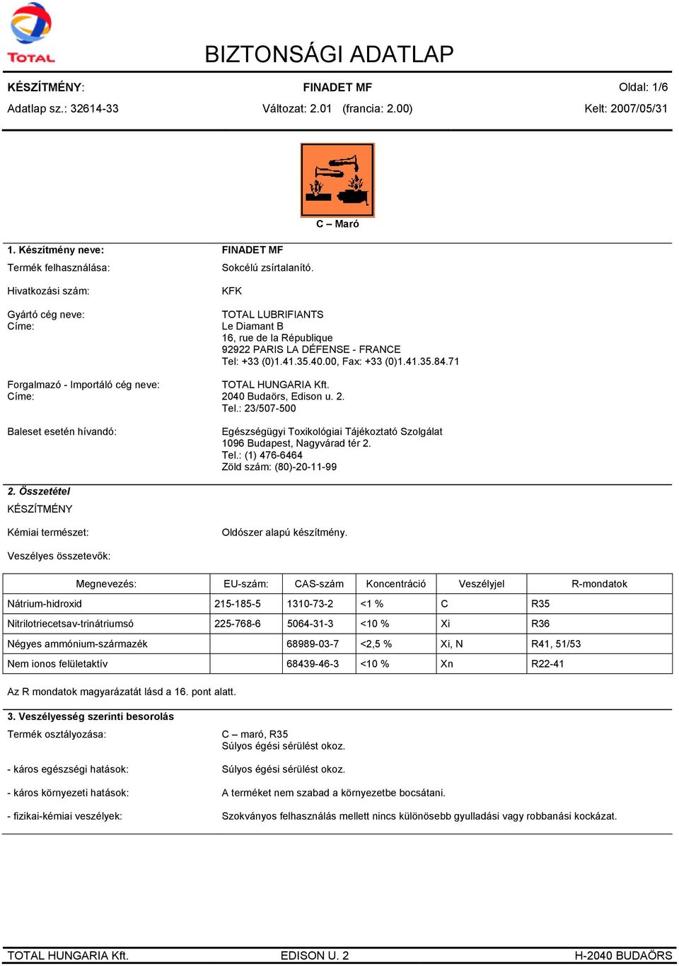 Tel: +33 (0)1.41.35.40.00, Fax: +33 (0)1.41.35.84.71 TOTAL HUNGARIA Kft. 2040 Budaörs, Edison u. 2. Tel.: 23/507-500 Egészségügyi Toxikológiai Tájékoztató Szolgálat 1096 Budapest, Nagyvárad tér 2.