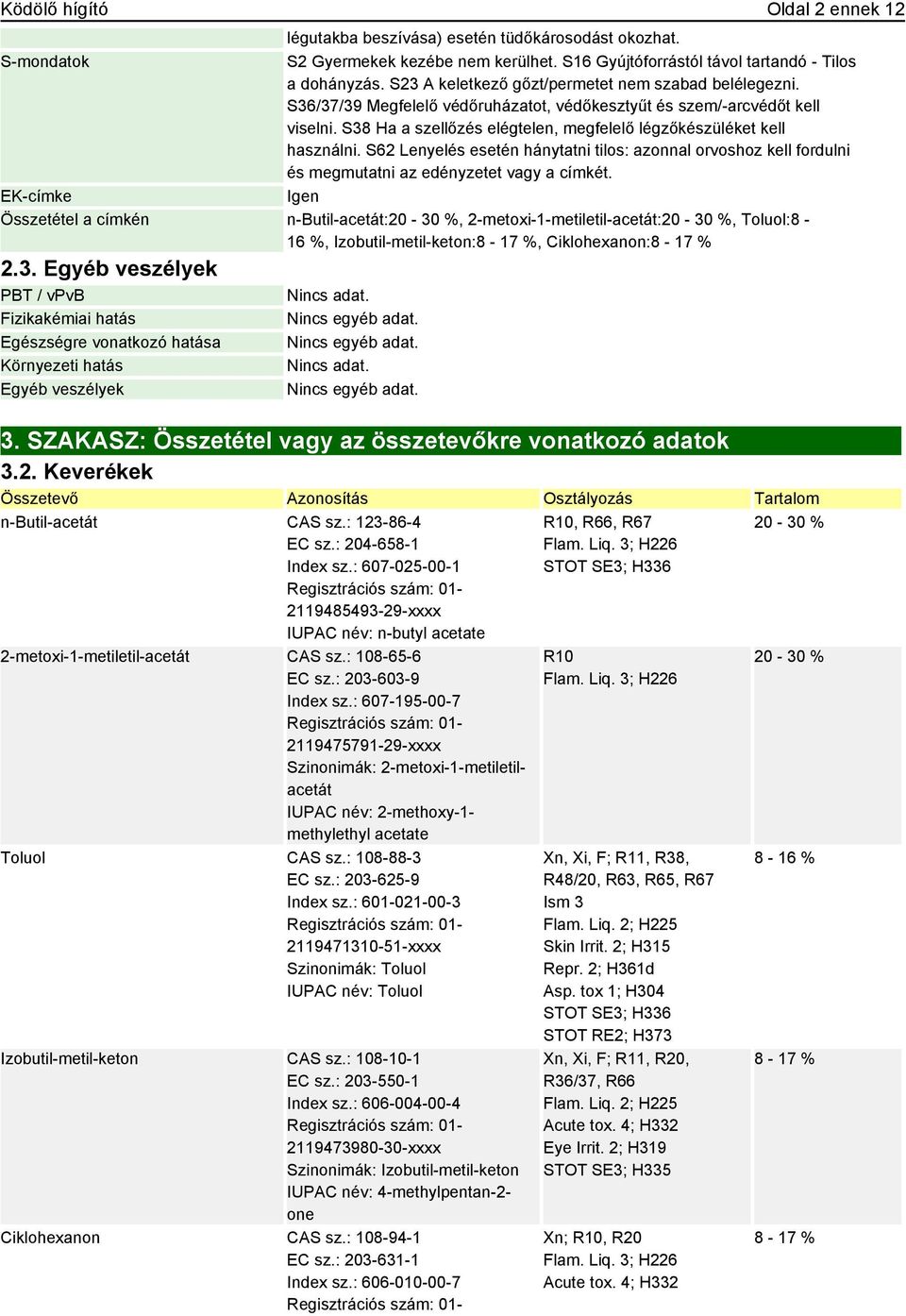 S38 Ha a szellőzés elégtelen, megfelelő légzőkészüléket kell használni. S62 esetén hánytatni tilos: azonnal orvoshoz kell fordulni és megmutatni az edényzetet vagy a címkét.