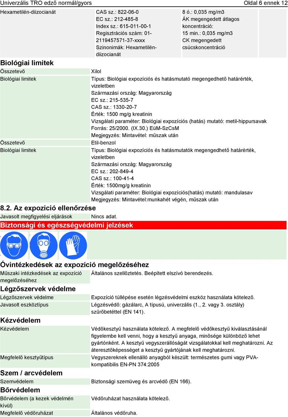 : 0,035 mg/m3 ÁK megengedett átlagos koncentráció: 15 min.