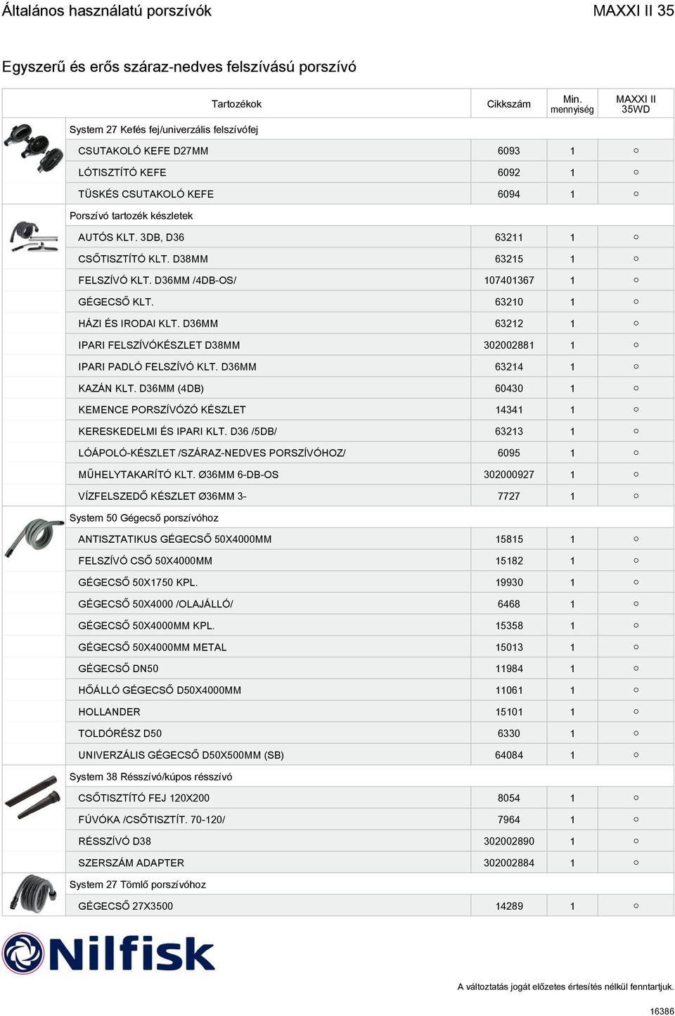 D36MM (4DB) 60430 1 KEMENCE PORSZÍVÓZÓ KÉSZLET 14341 1 KERESKEDELMI ÉS IPARI KLT. D36 /5DB/ 63213 1 LÓÁPOLÓ-KÉSZLET /SZÁRAZ-NEDVES PORSZÍVÓHOZ/ 6095 1 MŰHELYTAKARÍTÓ KLT.