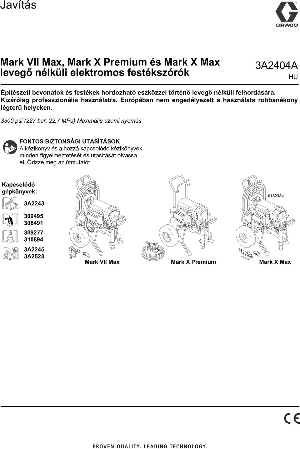 3300 psi (227 bar, 22,7 MPa) Maximális üzemi nyomás FONTOS BIZTONSÁGI UTASÍTÁSOK A kézikönyv és a hozzá kapcsolódó kézikönyvek minden figyelmeztetését és