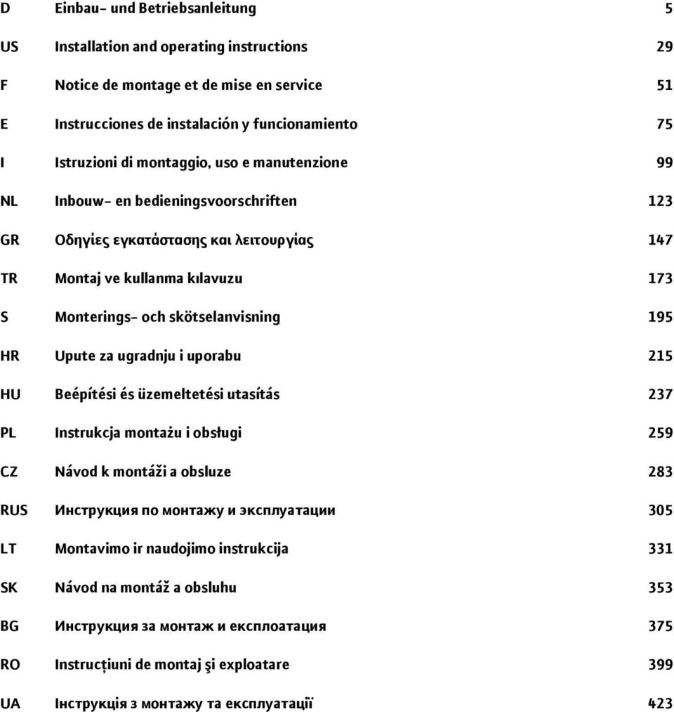 HR Upute za ugradnju i uporabu 215 HU Beépítési és üzemeltetési utasítás 237 PL Instrukcja montażu i obsługi 259 CZ Návod k montái a obsluze 283 RUS Инструкция по монтажу и эксплуатации 305 LT