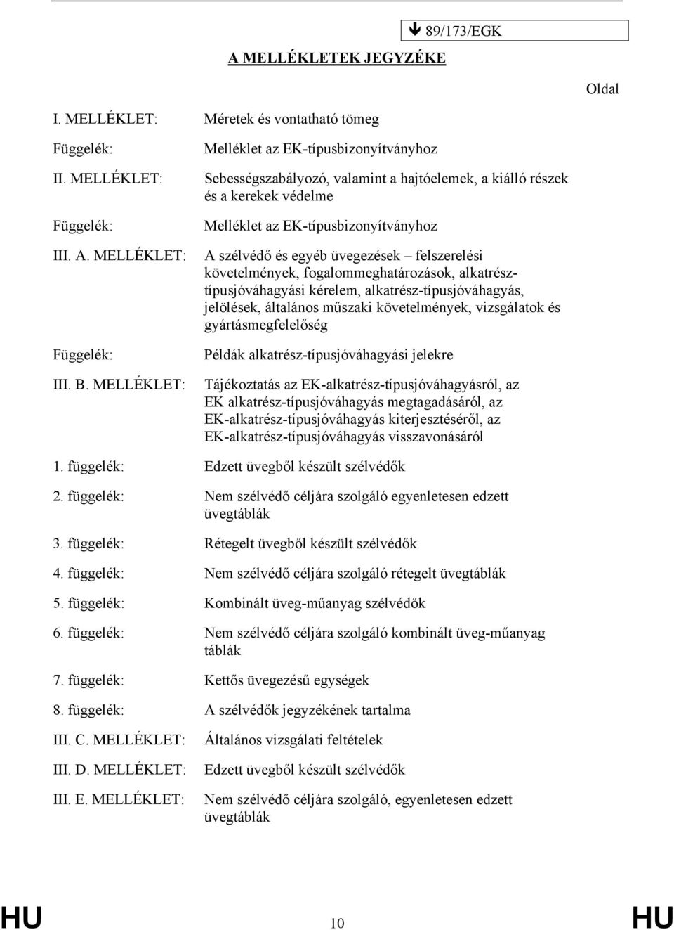 felszerelési követelmények, fogalommeghatározások, alkatrésztípusjóváhagyási kérelem, alkatrész-típusjóváhagyás, jelölések, általános műszaki követelmények, vizsgálatok és gyártásmegfelelőség Példák