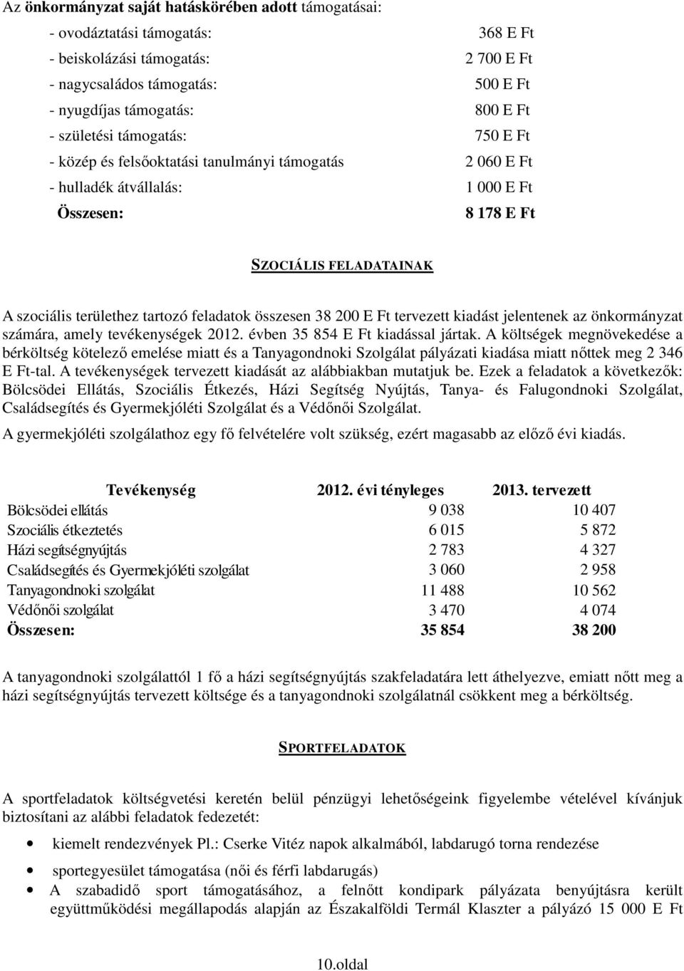 feladatok összesen 38 200 E Ft tervezett kiadást jelentenek az önkormányzat számára, amely tevékenységek 2012. évben 35 854 E Ft kiadással jártak.